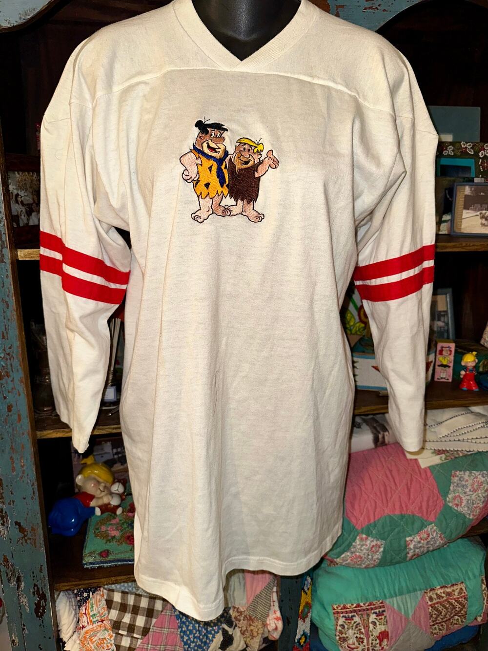VINTAGE 90's TOO CUTE BRAND FLINTSTONES FOOTBALL JERSEY RAGLAN TEE